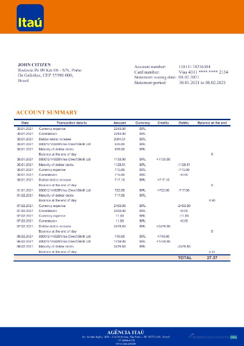 Download Brazil Itau bank statement word